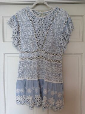 SAYLOR Light Blue Eyelet Romper with White Floral Lace